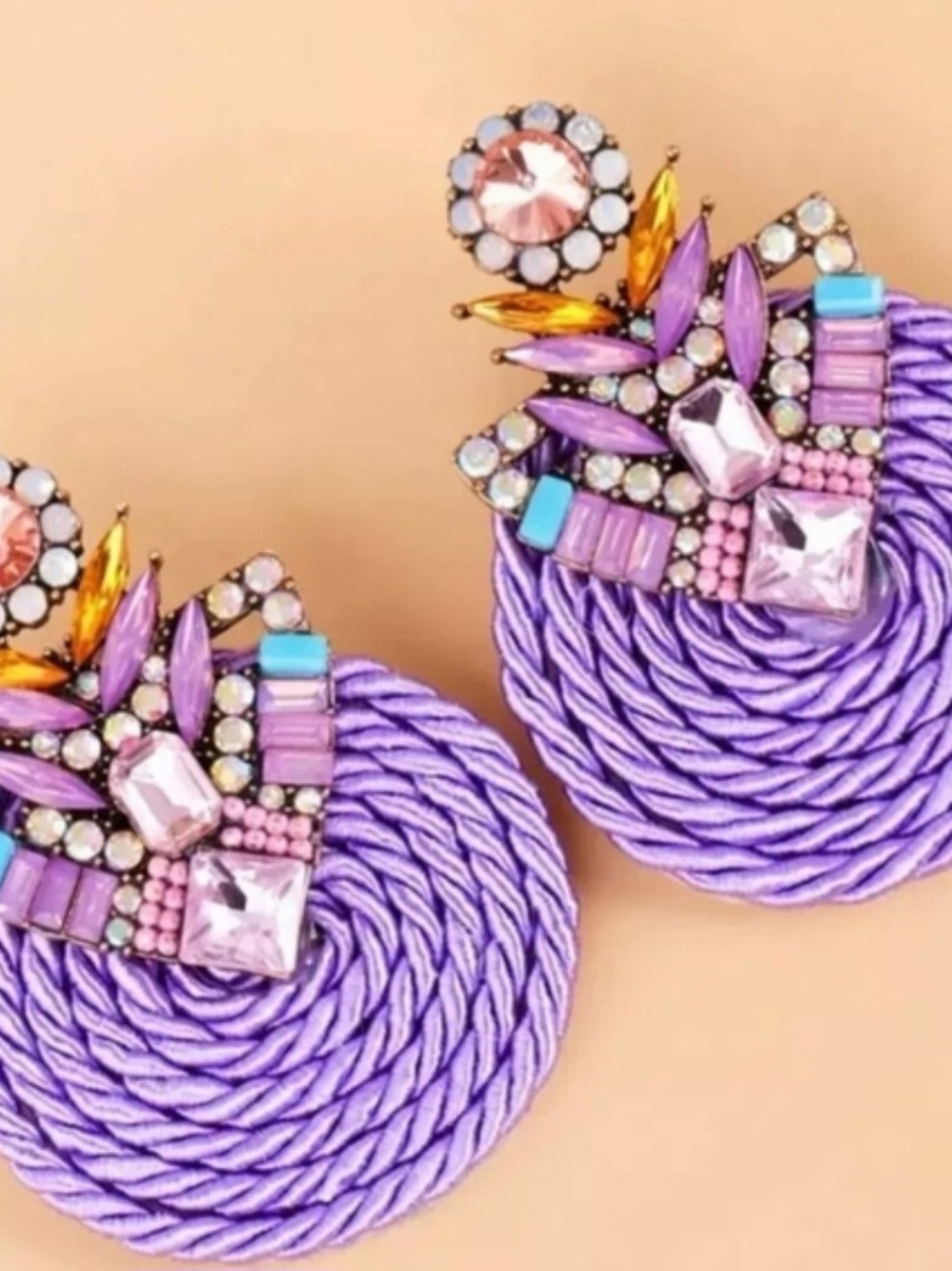 Lavender Braided Drop Earrings with Multicolor Gem Accents